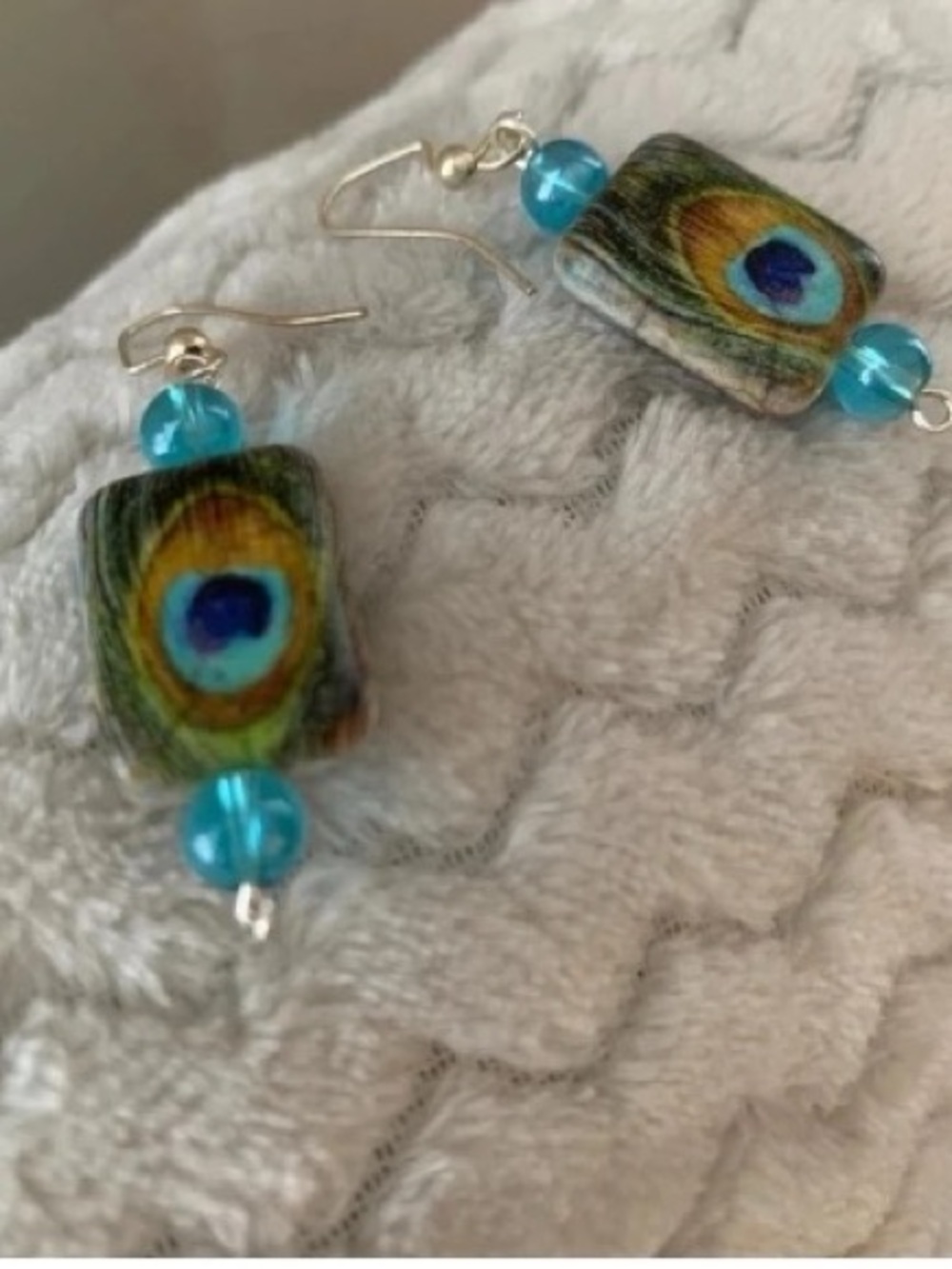 Peacock Feather Glass Bead Drop Earrings - Blue and Green